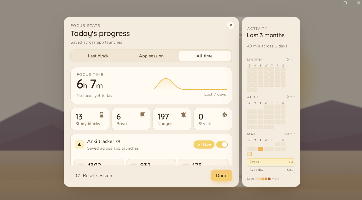 The Kitty Focus focus stats screen, showing today's progress and recent activity.