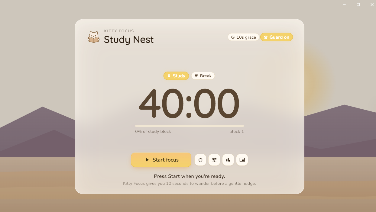 The Kitty Focus Study Nest screen, showing an active study block.